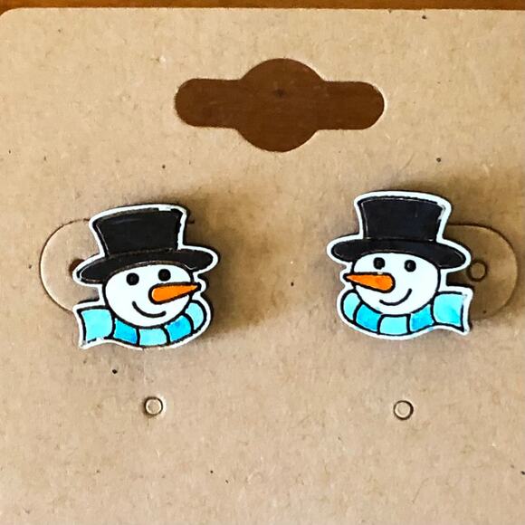 Snowman Scarf Carrot Nose Stud Earrings - Hand Painted Wood, Hypoallergenic - Picture 3 of 4